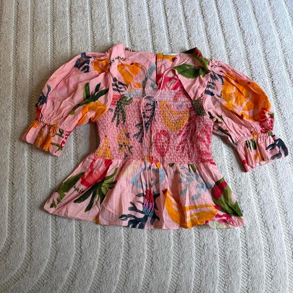 Farm Rio Mixed Fruit Smocked Bodice Blouse size Medium Boho Tropical Summer - Picture 2 of 8